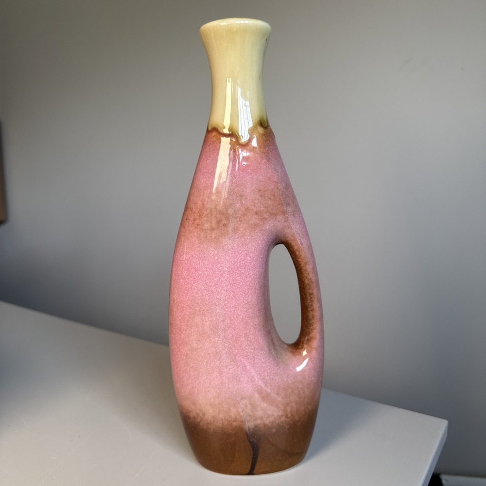 Ceramic bud vase with handle Pink drip glaze 11.5" glossy pastel art calming